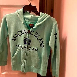 Hoodie jacket, girls size med, zippered front. Mint  green. Mackinaw Island.